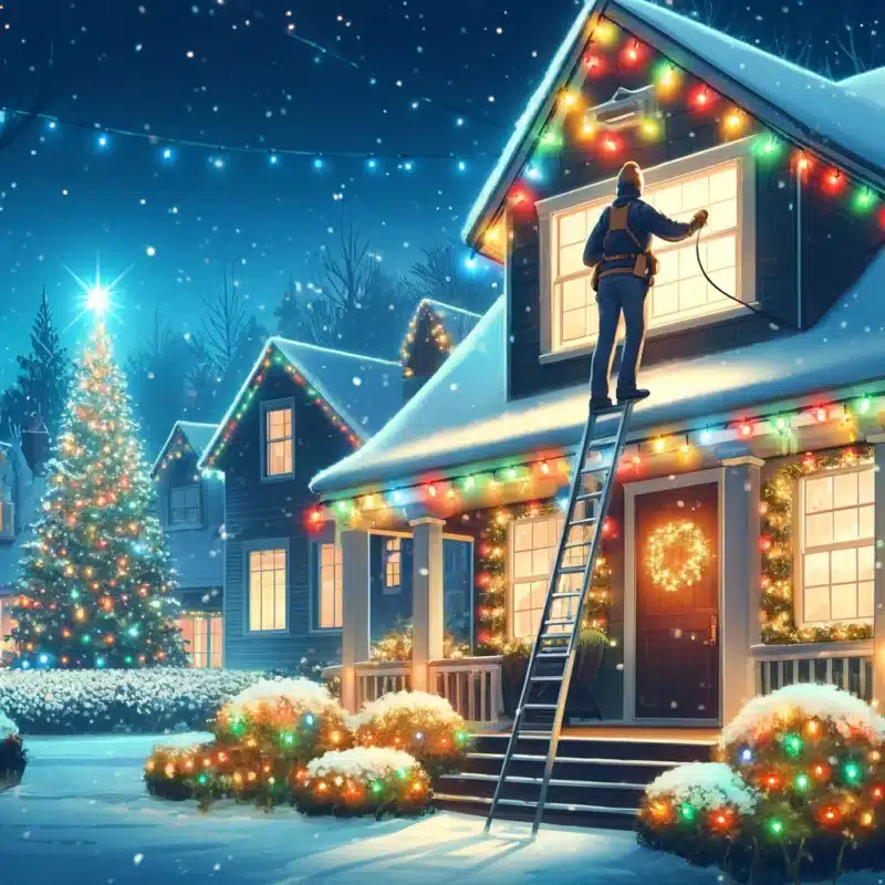 A person stands on a ladder decorating the roof of a snow-covered house with colorful outdoor Christmas lights at night. The house is illuminated with festive lights, and a decorated Christmas tree sparkles in the yard. Snow is gently falling, creating a serene winter scene.