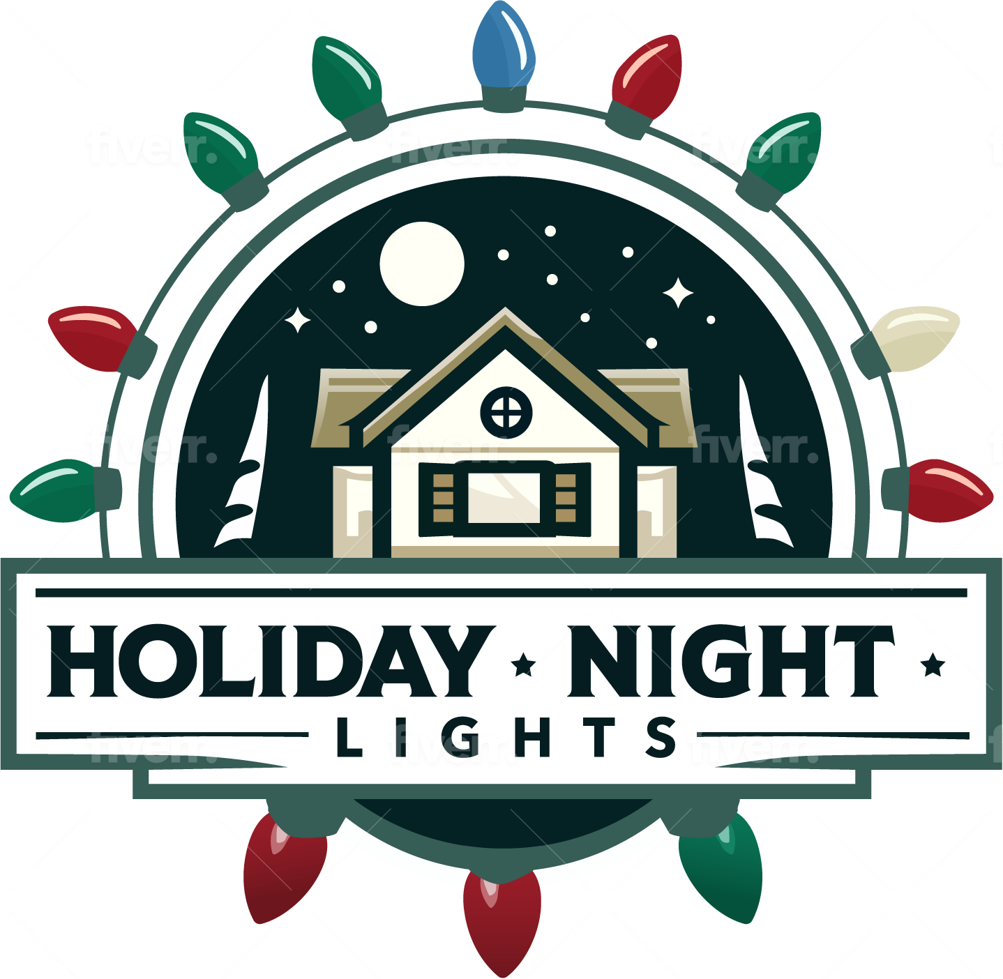 Logo with a house under a night sky, surrounded by colorful holiday lights. The text "Holiday Night Lights" is prominently displayed below the house. The house, illuminated by C9 Light Bulbs, has a circular border with stars and a moon in the background.