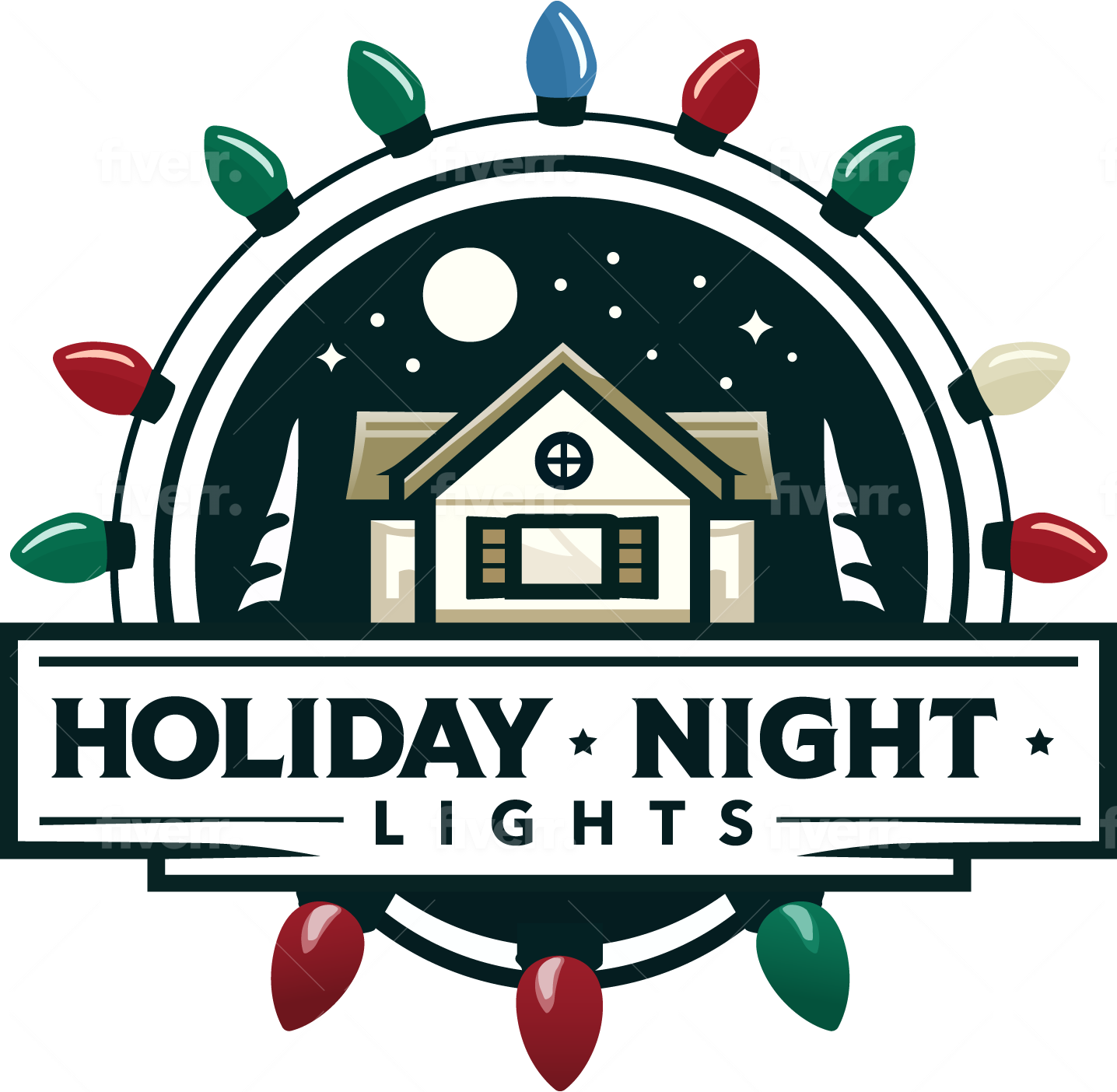 A logo features a house under a starry night sky with a full moon. Green and red holiday lights encircle the image, reminiscent of festive outdoor Christmas lights. The text "HOLIDAY NIGHT LIGHTS" is written below the house.