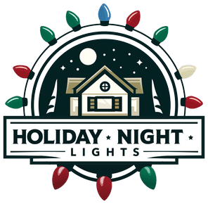 A logo with a festive theme, featuring a house decorated with holiday lights under a night sky with a full moon and stars. The words "HOLIDAY NIGHT LIGHTS" are prominently displayed below the house, with colorful bulbs surrounding the circular design, perfect for showcasing professional Christmas lights.