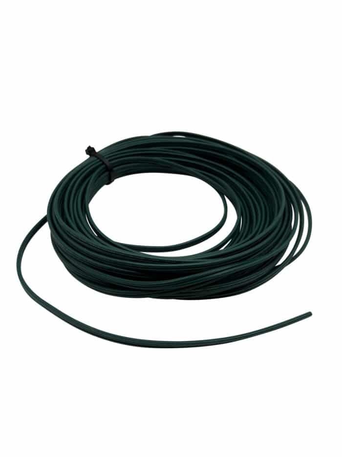 A coiled bundle of dark green wire, held together with a small black tie. One end of the wire is loose and extended out from the coil. The flexible wire appears perfect for use in crafting, gardening, or even setting up professional Christmas lights for a dazzling display.