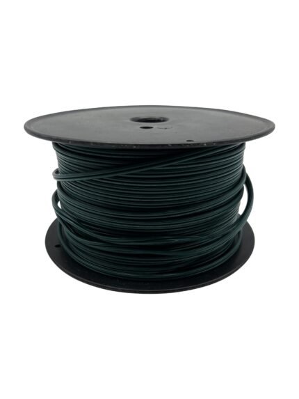 A black plastic spool is wound with dark green wire, perfect for Outdoor Christmas lights. The spool has a large central hole and flanges on either side to keep the wire in place. The wire is neatly coiled around the spool. The white background makes the object stand out clearly.