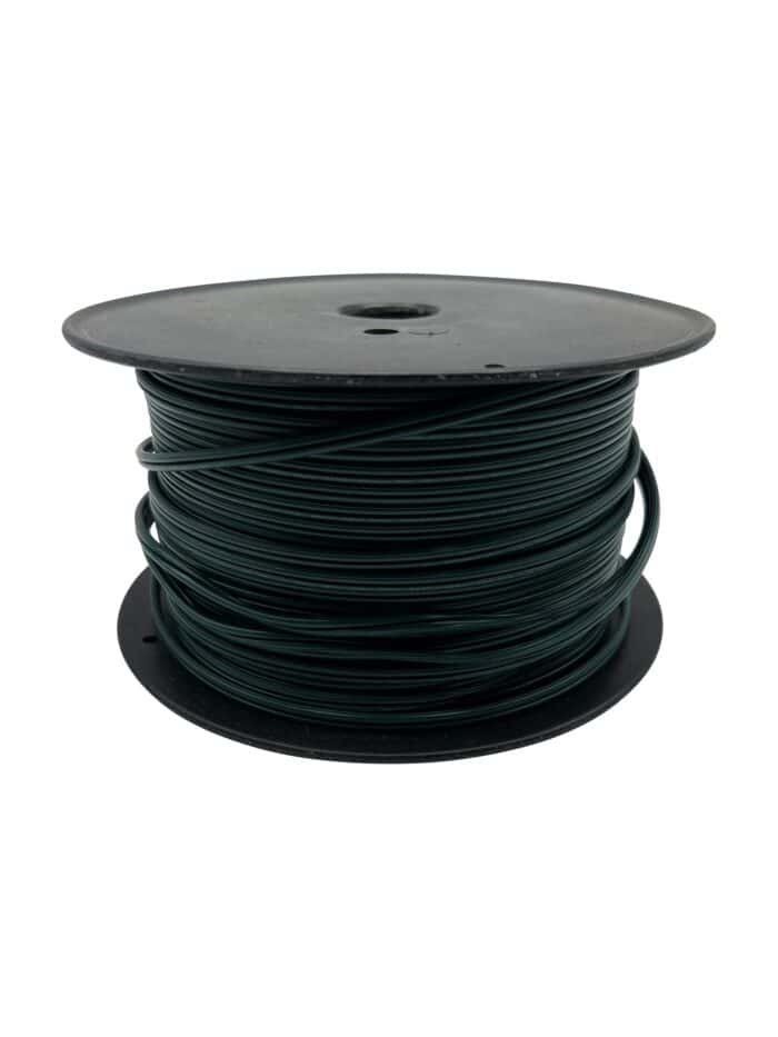 A black plastic spool is wound with dark green wire, perfect for Outdoor Christmas lights. The spool has a large central hole and flanges on either side to keep the wire in place. The wire is neatly coiled around the spool. The white background makes the object stand out clearly.