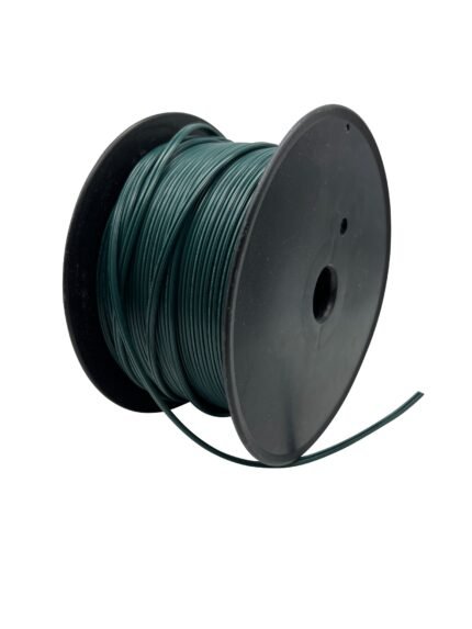 A spool of green wire with a black plastic reel, perfect for wholesale Christmas lights. One end of the wire is unwound and extends outward. The wire is tightly coiled around the reel, which has a central hole for mounting or dispensing. The background is plain white.