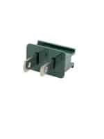 A green electrical plug adapter with two metal prongs and embossed text on its front and side, perfect for Christmas light contractors. The adapter has a simple, rectangular shape.