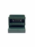 A green plastic pencil sharpener with two sharpening slots and a small storage compartment for shavings is shown. It resembles the bright cheer of outdoor Christmas lights, making it a festive addition to your desk.