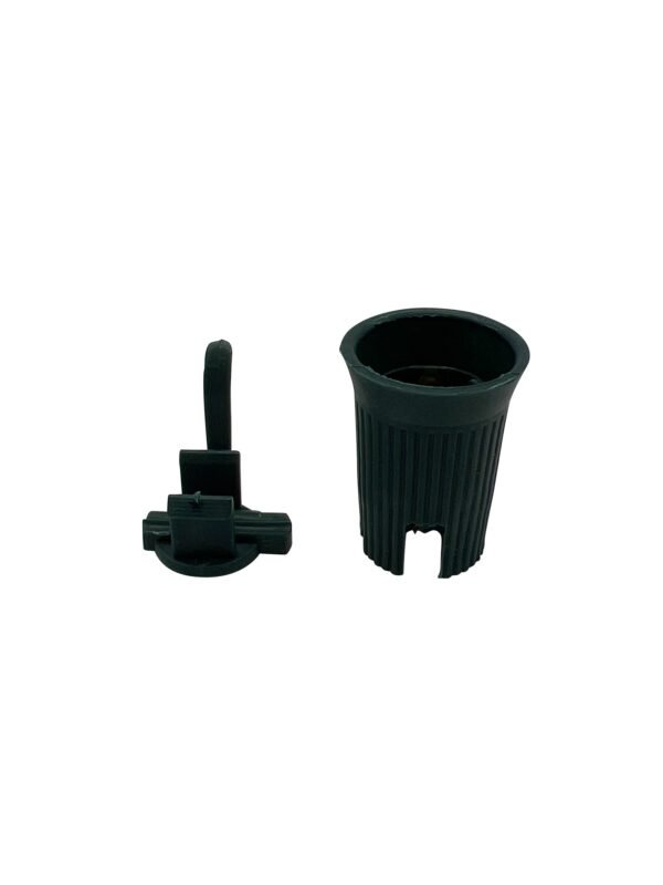 A black plastic cup holder with a separate mounting bracket. The cup holder has a ribbed design and an open slot at the bottom. The mounting bracket features a clamp mechanism for attachment, perfect for use during outdoor Christmas lights installation. The two pieces are shown on a white background.