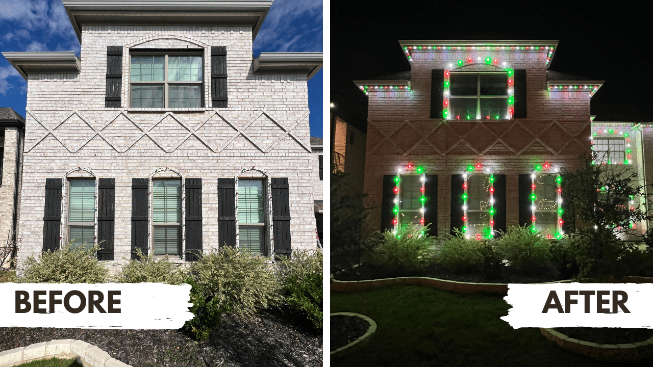 Side-by-side images of a house's exterior. The left image, labeled "Before," shows the house during the day, while the right image, labeled "After," showcases it at night adorned with colorful green and red outdoor Christmas lights.