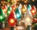 An array of colorful, vintage-style C9 light bulbs, including red, green, blue, and a bright white bulb, are lit and arranged on a table. Pine branches and glittering snowflake decorations enhance the festive setting, with warm blurred lights in the background.