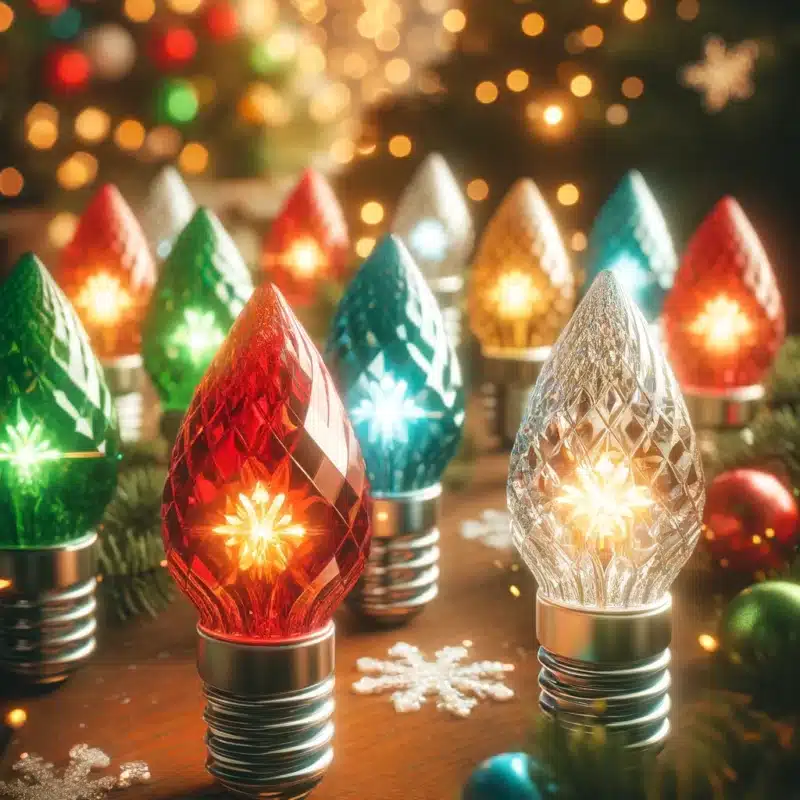 An array of colorful, vintage-style C9 light bulbs, including red, green, blue, and a bright white bulb, are lit and arranged on a table. Pine branches and glittering snowflake decorations enhance the festive setting, with warm blurred lights in the background.