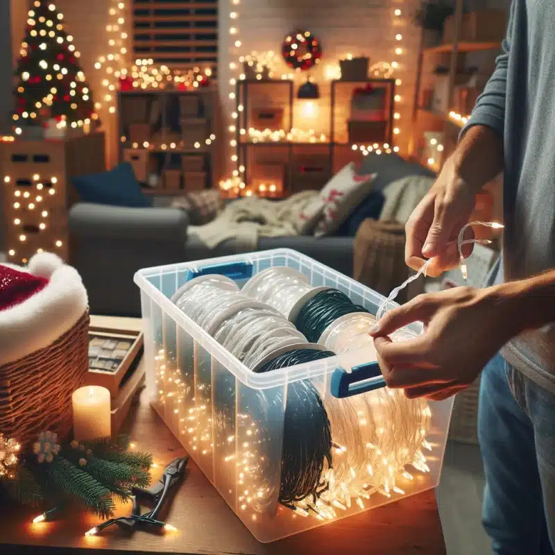 Person organizing a storage box of professional Christmas lights in a cozy, festive room with holiday decorations. A decorated Christmas tree, glowing string lights, and a Santa hat are visible, creating a warm and cheerful atmosphere.