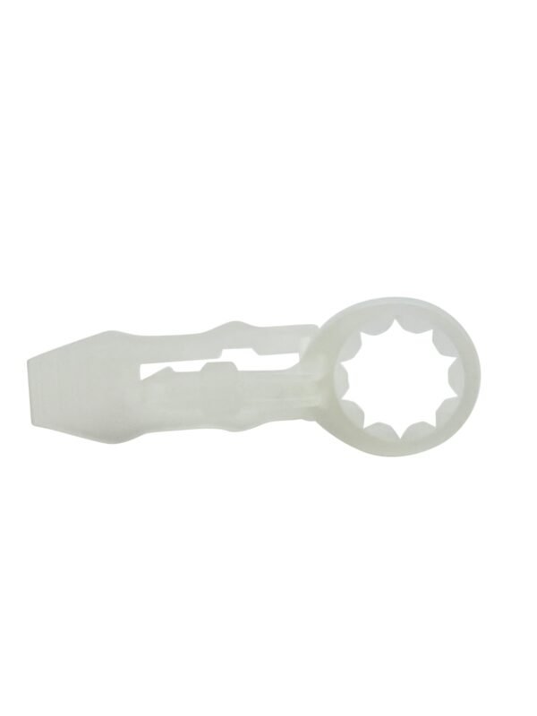 A white, semi-transparent plastic tool with a hexagonal wrench head on one end and a rectangular handle with a latch mechanism. The tool, often used by Christmas light contractors, appears to be a specialized wrench or key for adjusting or assembling commercial Christmas lighting equipment.