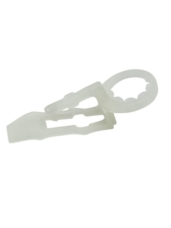 A translucent, white plastic clip with an elongated rectangular shape and an intricate locking mechanism. The design features a circular loop at one end and a flat, angular clasp at the other, suggesting it may be used for fastening outdoor Christmas lights securely.