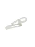 A transparent plastic clip featuring a circular ring at one end and serrated edges on the gripping section. The design appears to be lightweight and minimalist, perfect for securing outdoor Christmas lights. The clip is positioned on a white background.