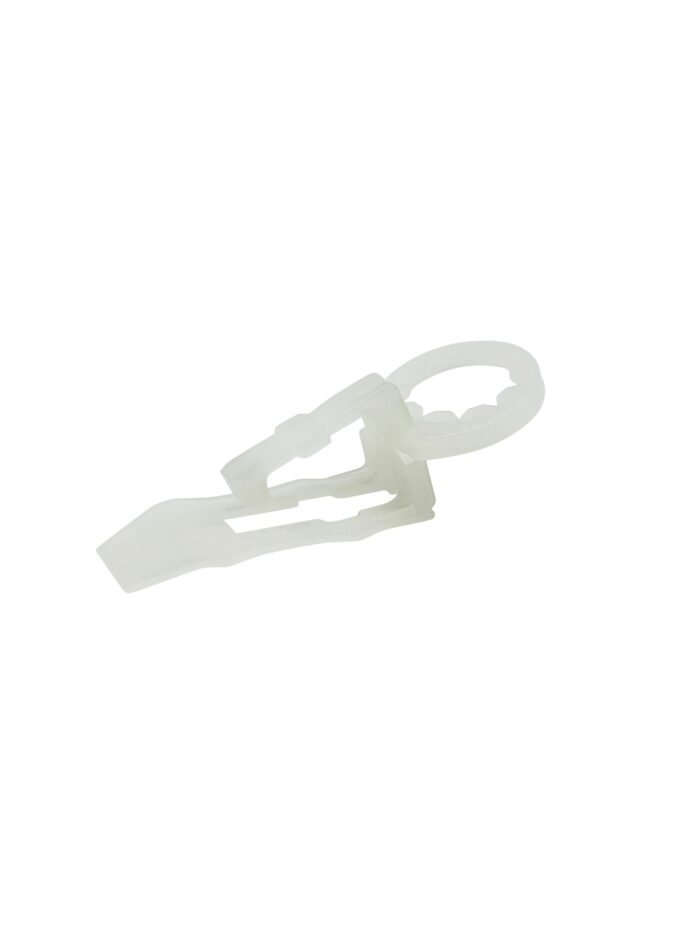 A transparent plastic clip featuring a circular ring at one end and serrated edges on the gripping section. The design appears to be lightweight and minimalist, perfect for securing outdoor Christmas lights. The clip is positioned on a white background.