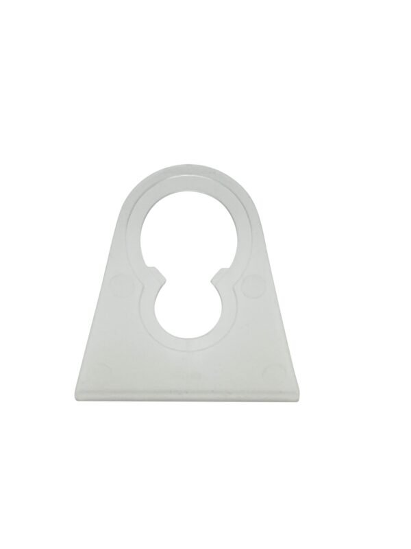 A white, flat, triangular plastic object with a rounded top and a keyhole-shaped cutout in the center, likely used as a hanger or holder for outdoor Christmas lights.